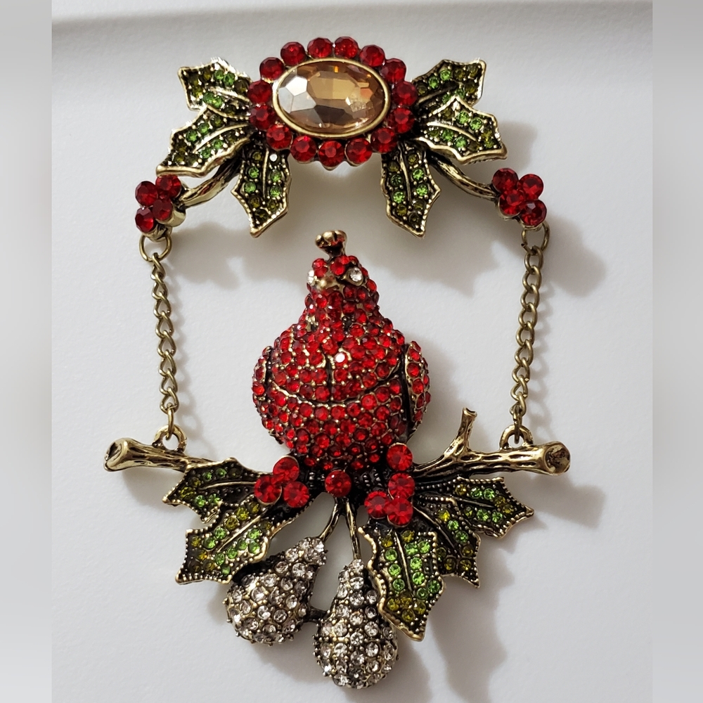Partridge in a pear tree brooch bird Christmas pin vintage style STUNNING 3D vtg